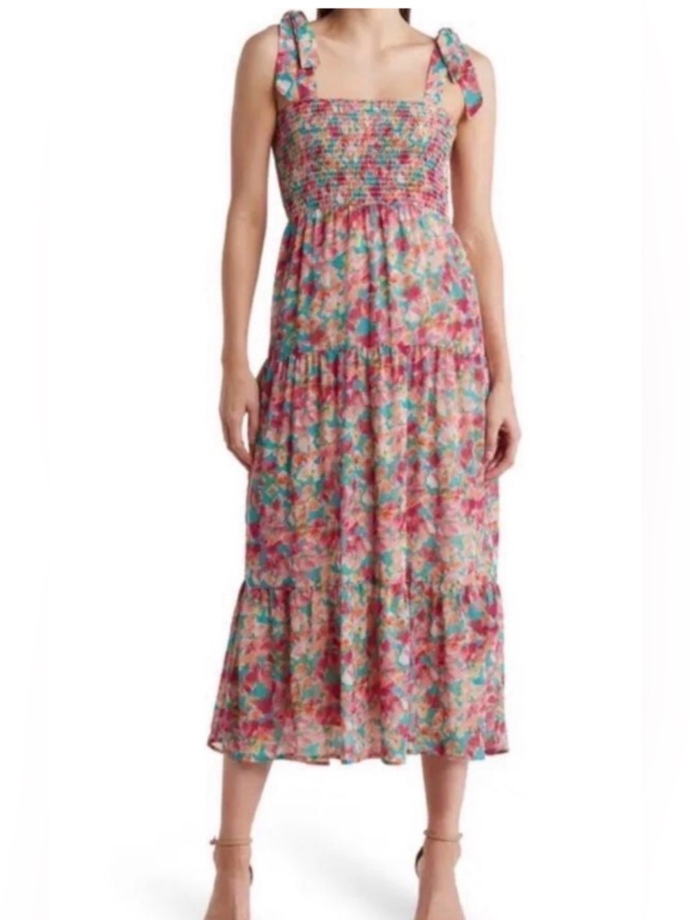 Floral Tiered multicolor pink Midi Dress in size 6